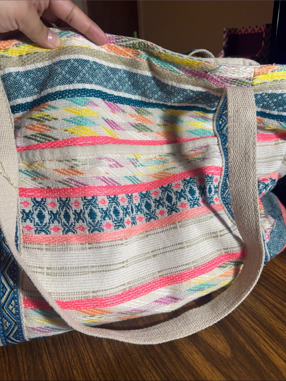 Canvas Woven Tote Bag in Cream with Pink & Teal Accents